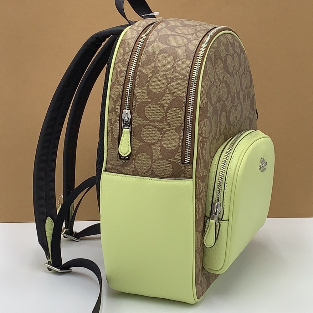 COACH NWT COURT BACKPACK IN SIGNATURE CANVAS KHAKI PALE LIME COLOR - Picture 5 of 16